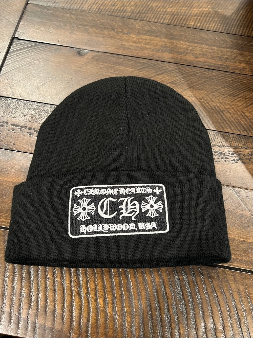 Chrome Hearts Black Beanie with White Embroidered Patch